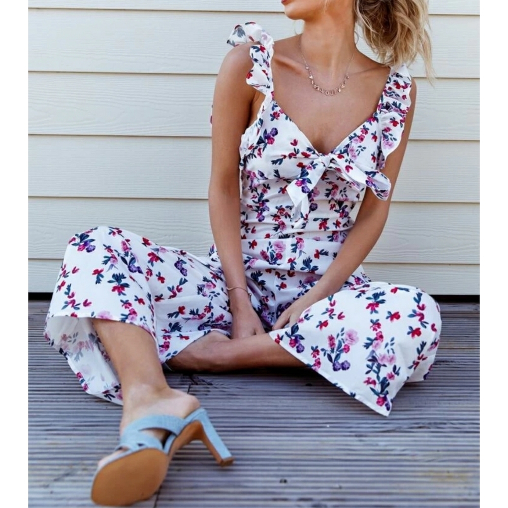 Ruffle Trim Wide Leg Floral Jumpsuit